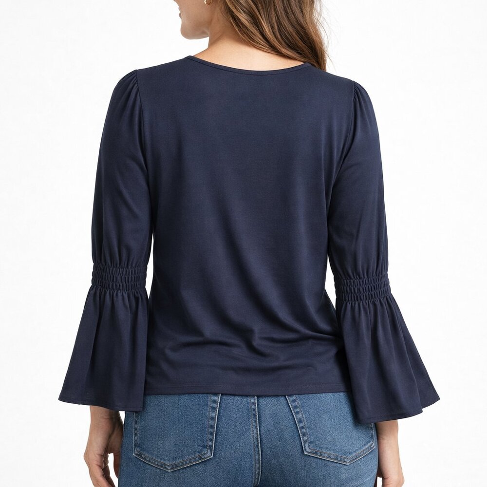 ⭐ Ann Taylor Women’s Navy Blouse Size XS Bell Sleeve Ruffle Scoop Neck - Picture 2 of 9